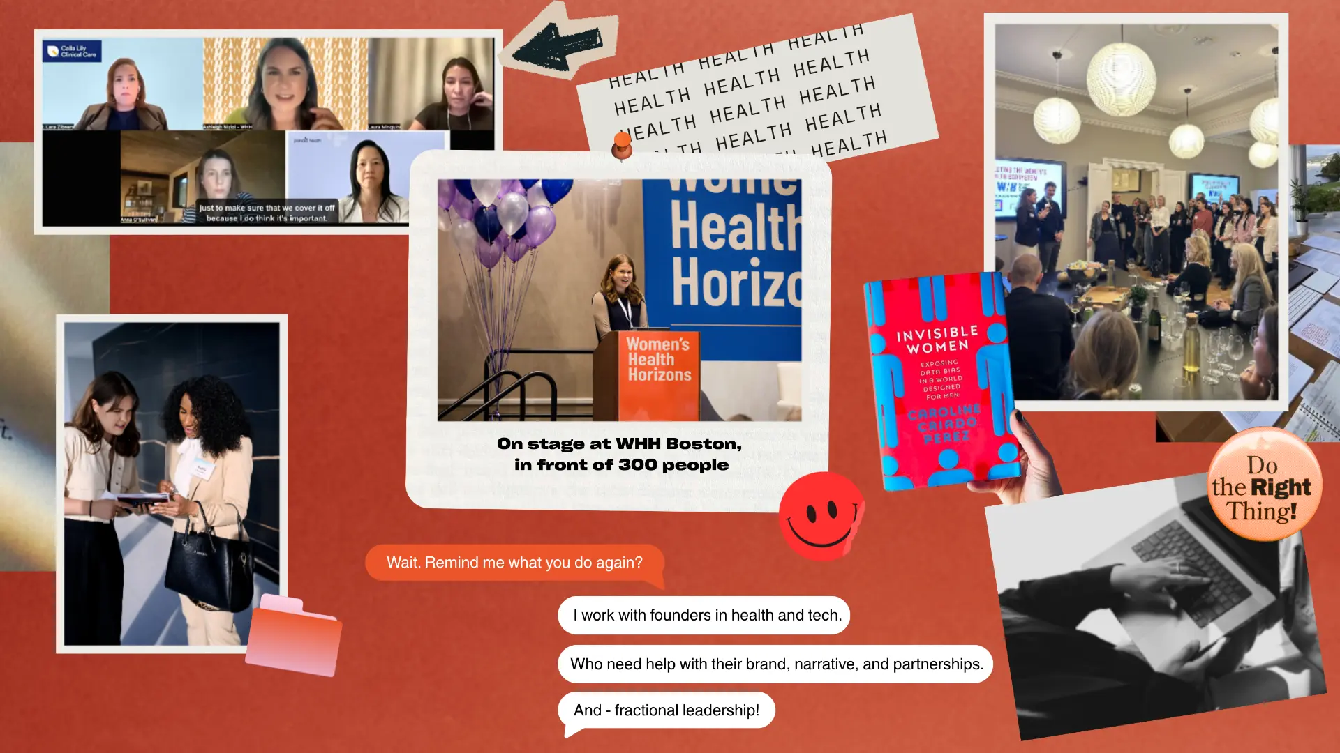 Collage of Women's Health Horizons moments, stage photos, and notes from Ashleigh Niziol's work in women's health